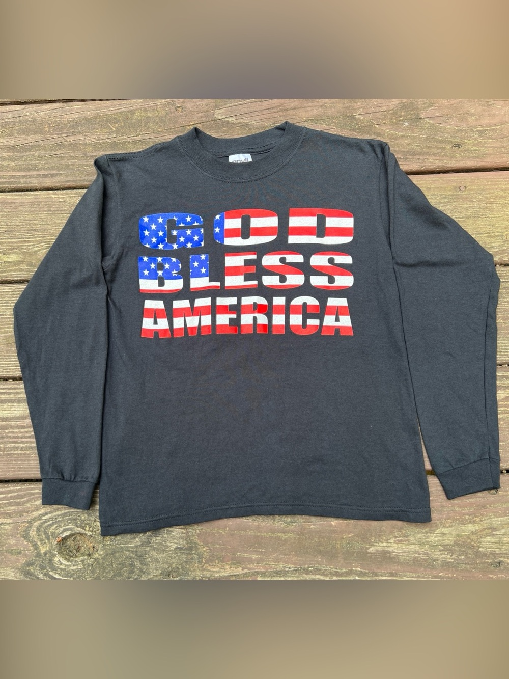 Anvil God Bless America Flag Patriotic L/S 100% Cotton Shirt July 4th Youth|Sz:M